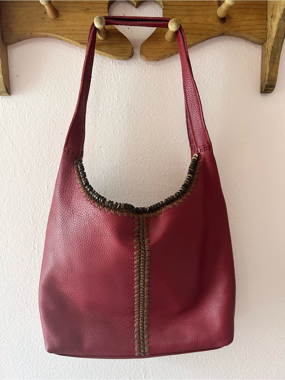 The Sak Huntley Crimson Red Leather Hobo Shoulder Bag Crochet Trim Boho Slouchy